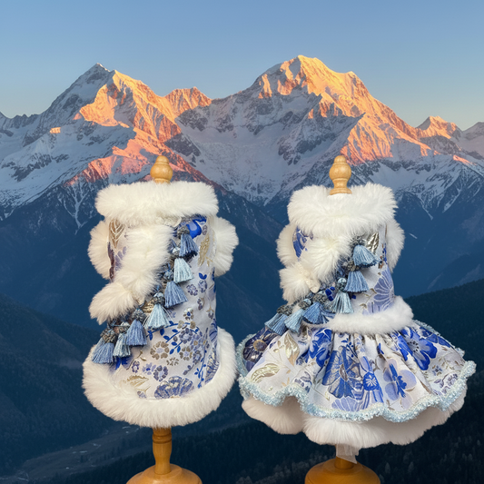 Tibetan Sunrise Blue & White Floral Fur Pet Coat & Dress Set - Paw Realm Co.
