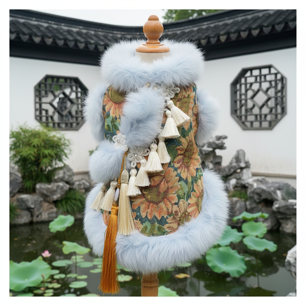 Elegant Chinese Garden Sunflower Tassels Brocade Pet Coat  &  - Paw Realm Co.