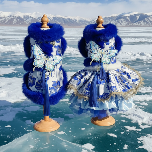 Chinoiserie Blue White Porcelain Butterfly Fur Pet Outfit Set - Paw Realm Co.