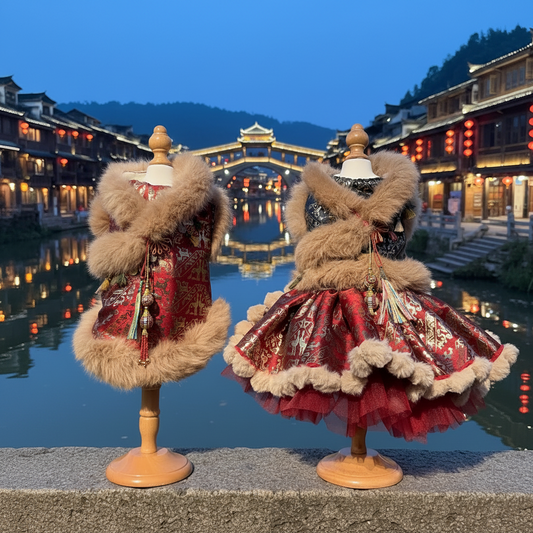 Phoenix Town Red Fur-Trimmed Miao-Style Pet Outfit Set- Paw Realm Co.